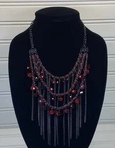 Gunmetal Gray 3 Tier Red Bead & Chain Fringe Bold Statement Unusual Bib Necklace - Picture 1 of 9