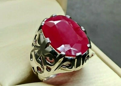 Big Red Lab Ruby Mens Ring Sterling Silver 925 Roby Ring Handmade Yakoot Ring - Image 1 of 4