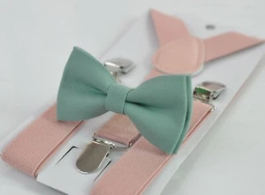Sage Green Cotton Bow tie + Dusty Pink Suspenders Braces for Men Youth or Boy - Picture 1 of 8