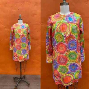 Vintage 1960s Rainbow Starburst Marbled Tunic Mini Dress retro mod colorful - Picture 1 of 6