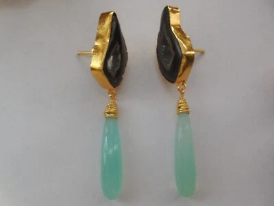 Druzy Chandelier Earrings Elongated Chalcedony Drop Gemstone Gold Plated Jewelry - Image 1 of 4