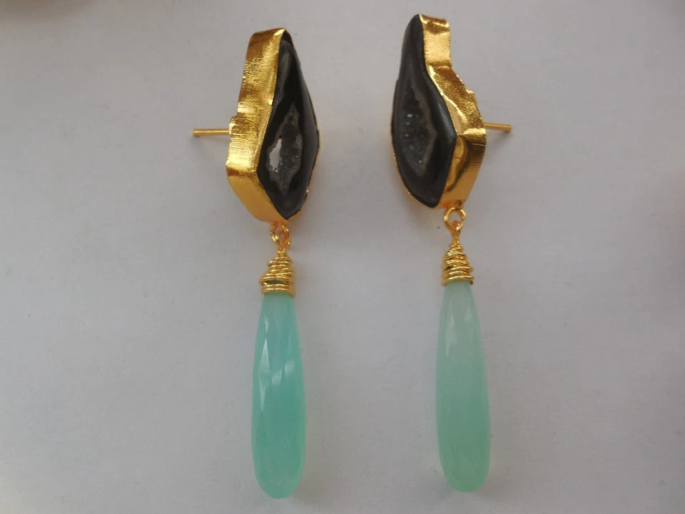 Druzy Chandelier Earrings Elongated Chalcedony Drop Gemstone Gold Plated Jewelry - Image 1 of 4