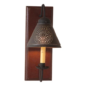 WALL SCONCE WOOD WROUGHT IRON & PUNCHED TIN "CRESTWOOD" LIGHT RED - Picture 1 of 2