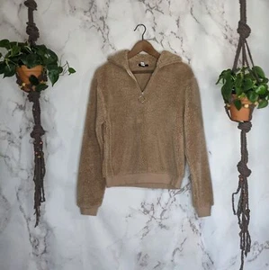 Topshop Jacket Women Small 4 Brown Cropped Teddy Sweater Pullover Quarter Zip - Picture 1 of 6