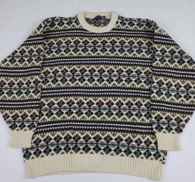 Vintage 90s Trader Bay Cotton Knit Sweater Multicolor Pattern Vtg Made In USA  - Image 1 of 4