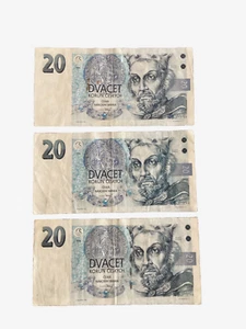 Lot of 3 Czechoslovakia 20 Korun Banknotes 1994 Free Shipping - Picture 1 of 8