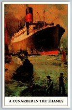 Cunard Postcard - 1990's REPRINT OF 1929 TRAVEL POSTER -A Cunarder in the Thames