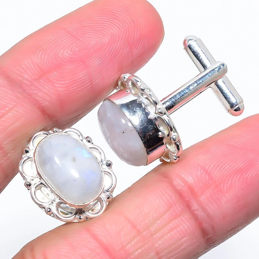 Gemelos de joyería de plata de ley 925 hechos a mano con piedras preciosas de luna arco iris Foto 1 de 1