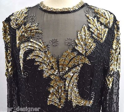 Scala Haute sheer silk Sequin cocktail Dress Silver gold sequin knee gown M VTG - Image 1 of 4