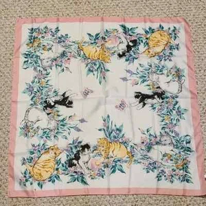 Vintage AVON Floral Cat Print Scarf Pink Border Kittens Playful Animal Pet Charm - Picture 1 of 5