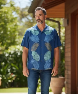 Tommy Bahama Herren Hemd Seide bestickt blau Large einmal getragen - Bild 1 von 6
