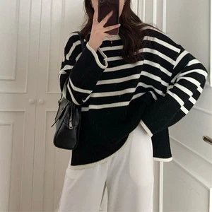 Retro Y2k Women's Striped Pullover Sweater Casual Long Sleeve Knitwear - Picture 1 of 15