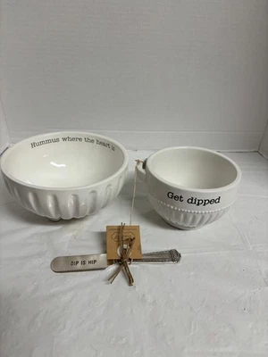 Mudpie Hummus & Dip Ceramic Set of 2 Bowls NEW with Spreader Get Dipped - Image 1 of 4