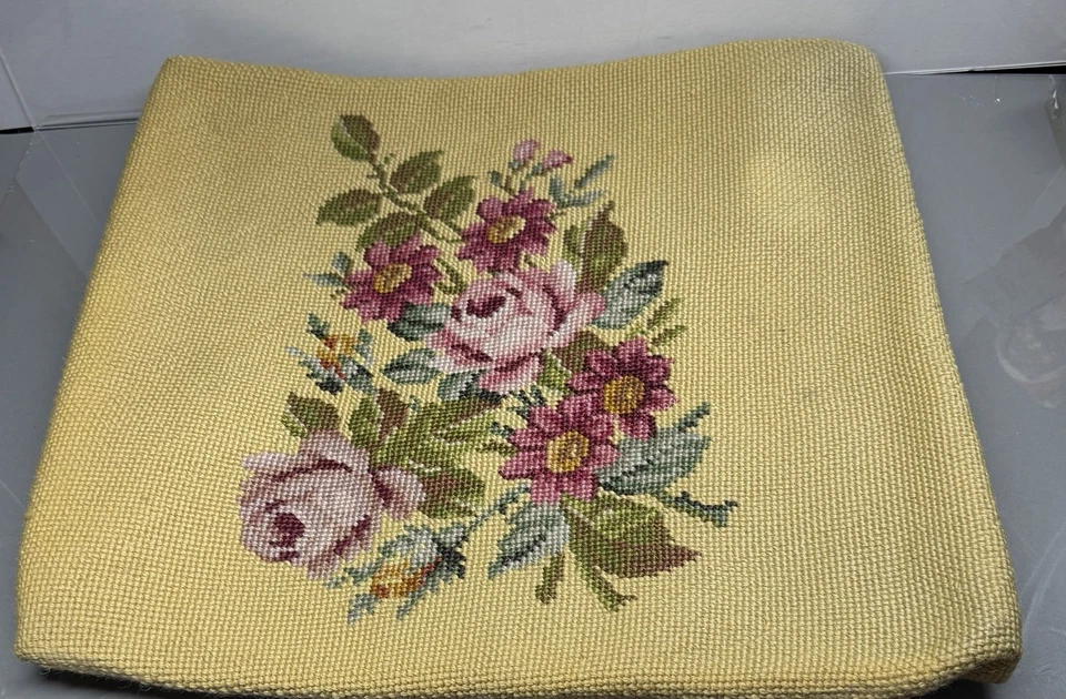 Vintage Needlepoint Seat Chair Cover ~ Roses Flowers - Image 1 of 4