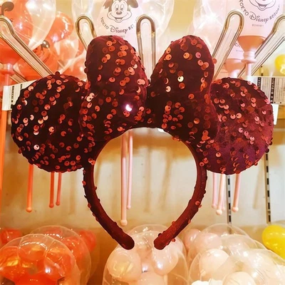 Disney-Parques Navidad Rojo Oscuro Terciopelo Lentejuelas Minnie Mickey Mouse Oreja Diadema Foto 1 de 4