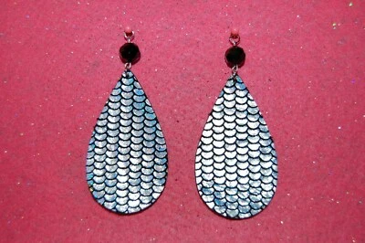 Mermaid Teardrop Genuine Leather Earrings-Crystal Bead-925 Sterling Silver Hooks - Изображение 1 из 4