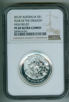 AUSTRALIA 2012-P $1 YEAR OF THE DRAGON HIGH RELIEF 1 OZ. .999 SILVER NGC PF-69 - Image 1 of 2