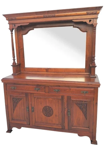Victorian Carved Solid Walnut Sideboard / Buffet Cabinet with Mirror Back Cover
