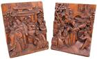 Pair Antique Chinoiserie China Royal Court Scene Carved Mahogany Brass Bookends