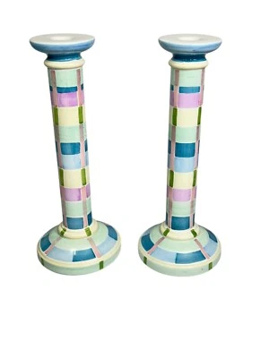 Italian Hand Painted Candlestick Holders (2) Pastel Colors Made in Italy 11.5" - Image 1 of 4