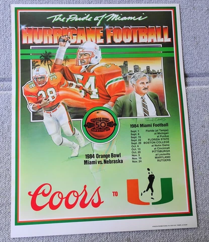 Rare ERROR 1984 MIAMI HURRICANES Schedule FOOTBALL POSTER Howard Schnellenberger Cover