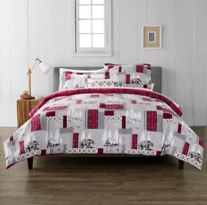 New Cuddl Duds King Heavyweight Flannel 4 pc Comforter Set Red Lodge Patchwork - Picture 1 of 11