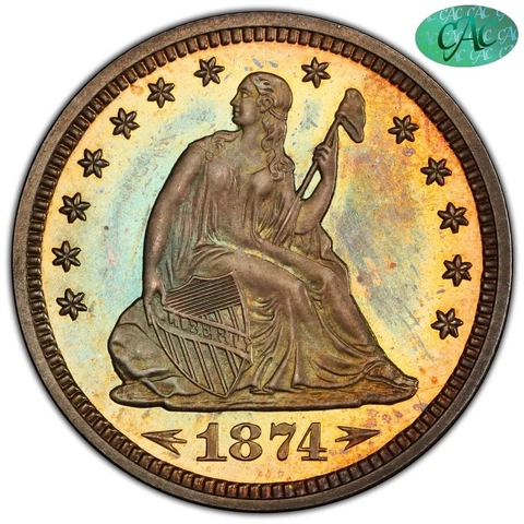 Toned 1874 25C ARROWS PR66+ PCGS CAC Color Seated Quarter  |   Paradime Coins Cover
