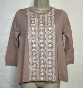 NWT J.Crew XS Lightweight Sweater Blush Pink Embroidered 3/4 Sleeve Merino Wool - Picture 1 of 6