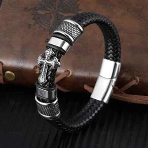 Men's Leather Cross Bracelet Christian Braided Wristband with Magnetic Clasp - Picture 1 of 9