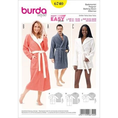 BURDA 6740 UNISEX BATHROBE Dressmaking Sewing Pattern Sizes 6 - 24 Skill: EASY - Image 1 of 4