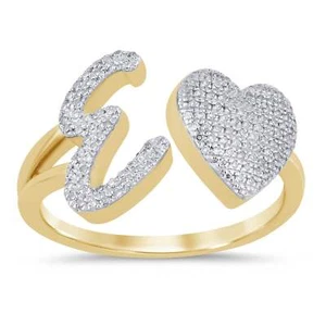 10K YELLOW GOLD .20 CARAT WOMENS NATURAL DIAMOND HEART & LETTER INITIAL E RING - Picture 1 of 1