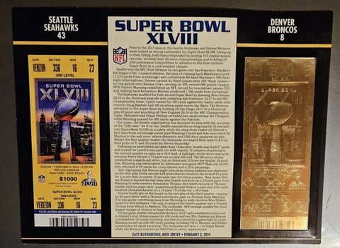 SUPER BOWL 48 SEATTLE SEAHAWKS Broncos 22KT GOLD TICKET Willabee Ward SB XLVIII Cover