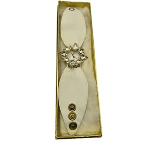 Vintage 80s Le Baron Watch Bracelet White Leather Crystal Gold Glam - Picture 1 of 5