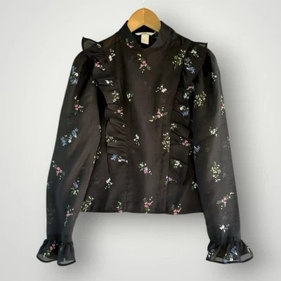 H&M Floral Black Top Blouse Shirt Size M - Image 1 of 4