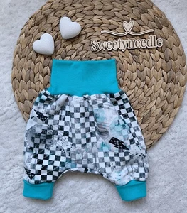 Handmade Bio Sweat Pumphose Gr. 50/56 "Karo Aqua"Newborn Unisex - Bild 1 von 2