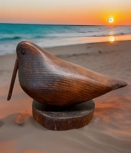 Uccellino di mare vintage in legno intagliato a mano firmato arte popolare - Foto 1 di 12