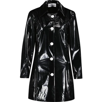 Puritues Mujeres Negro PVC Vinilo Impermeable Brillante Trench Coat Retr Mod Chaqueta Foto 1 de 3