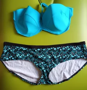 Juego de bikini curvilíneo Kate/M&S mezcla turquesa en U/W parte superior acolchada/parte inferior estampada 38D/22 - Imagen 1 de 6