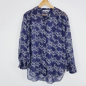 Zara Womens Size S 10 Navy Blue & White Patterned Sheer Blouse Hi-Lo Hem Flowy - Picture 1 of 11