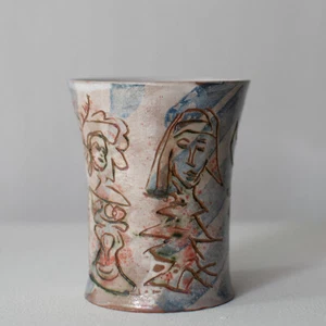 Rolf Walter Keramik glasiert Becher handbemalt Fantasiefiguren Monogramm 1995 - Bild 1 von 4