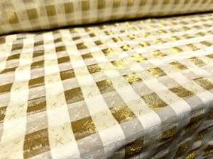 Taffeta Faux Silk Fabric, Per Metre- Metallic Gingham Stars Print - Gold & Cream - Picture 1 of 3