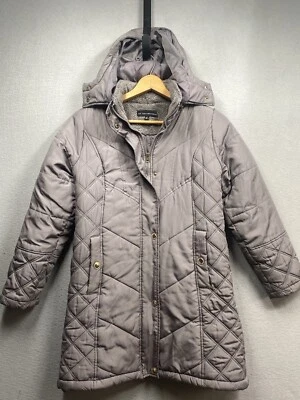 KC Collection Puffer Coat Women’s Hooded Long Sz Small Gray w/ Gold Accents - Image 1 of 4