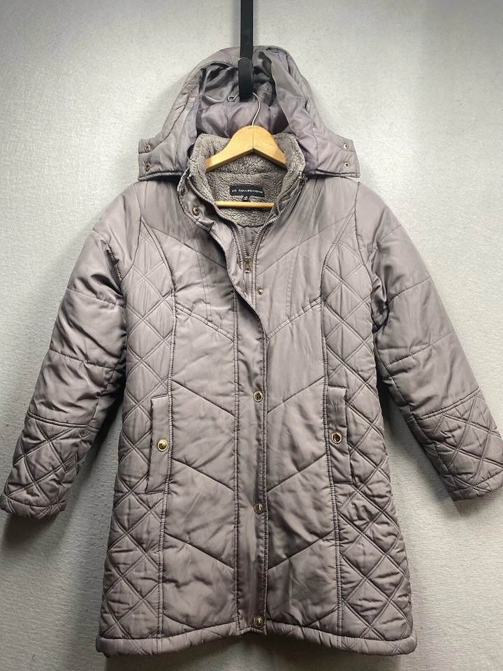 KC Collection Puffer Coat Women’s Hooded Long Sz Small Gray w/ Gold Accents - Image 1 of 4