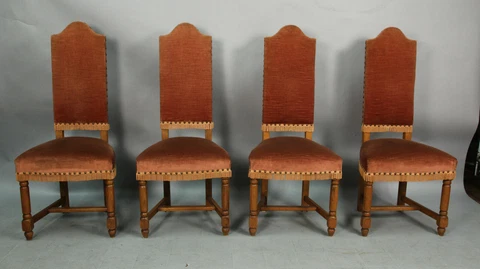 Antique 1920s Tudor Renaissance Dining Chairs w Red Velvet Upholstery (13237) Cover