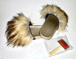 FUR STORY Slip On Slippers w/Gold Colored Sole & Gold/Black Colored Fur. Size 8 - Picture 1 of 8
