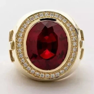 3Ct Oval Cut Lab-Created Red Ruby Men's Cross Bishop Ring 14K Yellow Gold Plated - Image 1 of 4