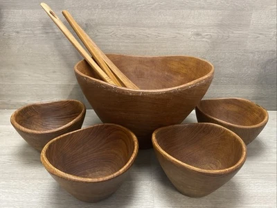 Hermoso juego de ensaladeras de madera de teca pesada de mediados de siglo de colección de 5 piezas Tailandia  Foto 1 de 4