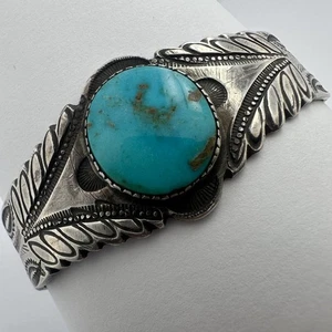 FRED HARVEY ERA NAVAJO STAMPED STERLING SILVER NATURAL TURQUOISE CUFF BRACELET - Picture 1 of 11