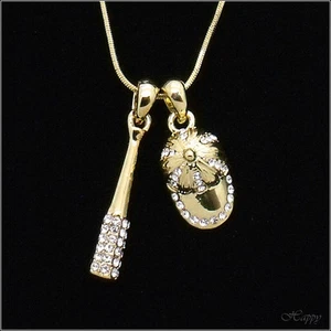 Baseball Cap Bat Set Sports BALLCAP Pendant Necklace Crystal Clear 3D Gold Jewel - Picture 1 of 2