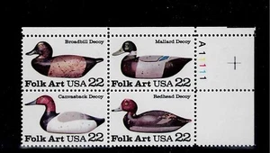 US Scott #2138-41, Plate Block #A11111 1985 Folk Art 22c FVF MNH Upper Right - Picture 1 of 1